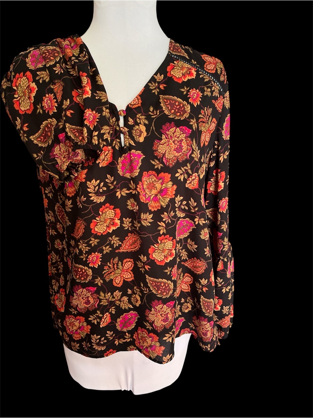 Maurices Black Floral V-Neck Blouse with Pink and Orange Flowers
